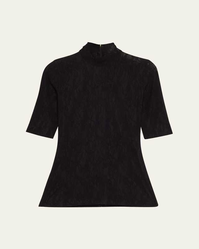 Mock-Neck Stretch Lace Short-Sleeve Top